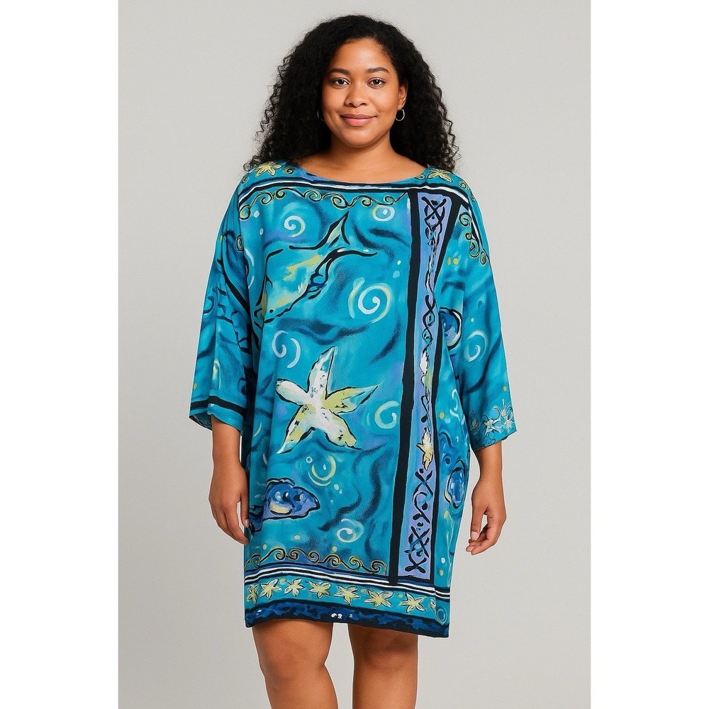 Biya Rated R By Johnny Was Cover Up Tunic Dress OS Blue Sea Life Starfis Kaftan